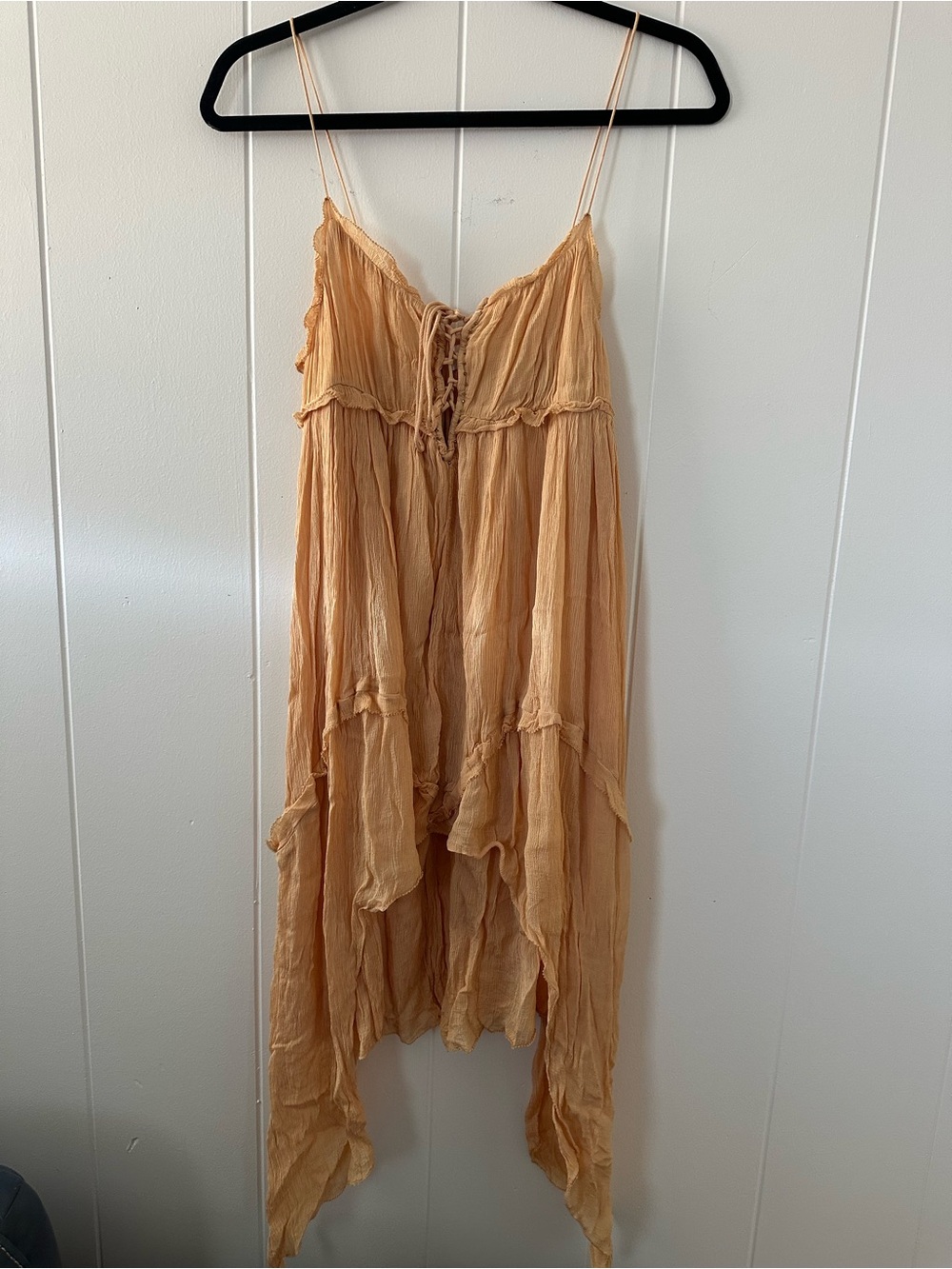 Zara Asymmetrical Handkerchief Hem Spaghetti Strap Dress in Peach